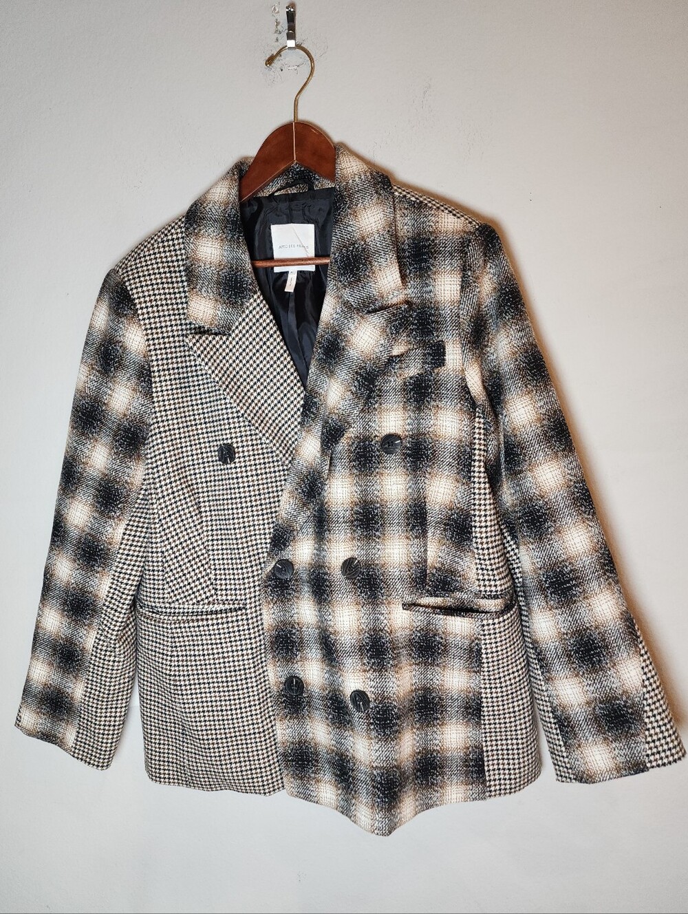 Anthropologie Avec Les Filles Wool Blend Mix Plaid Blazer Jacket Black Brown XL